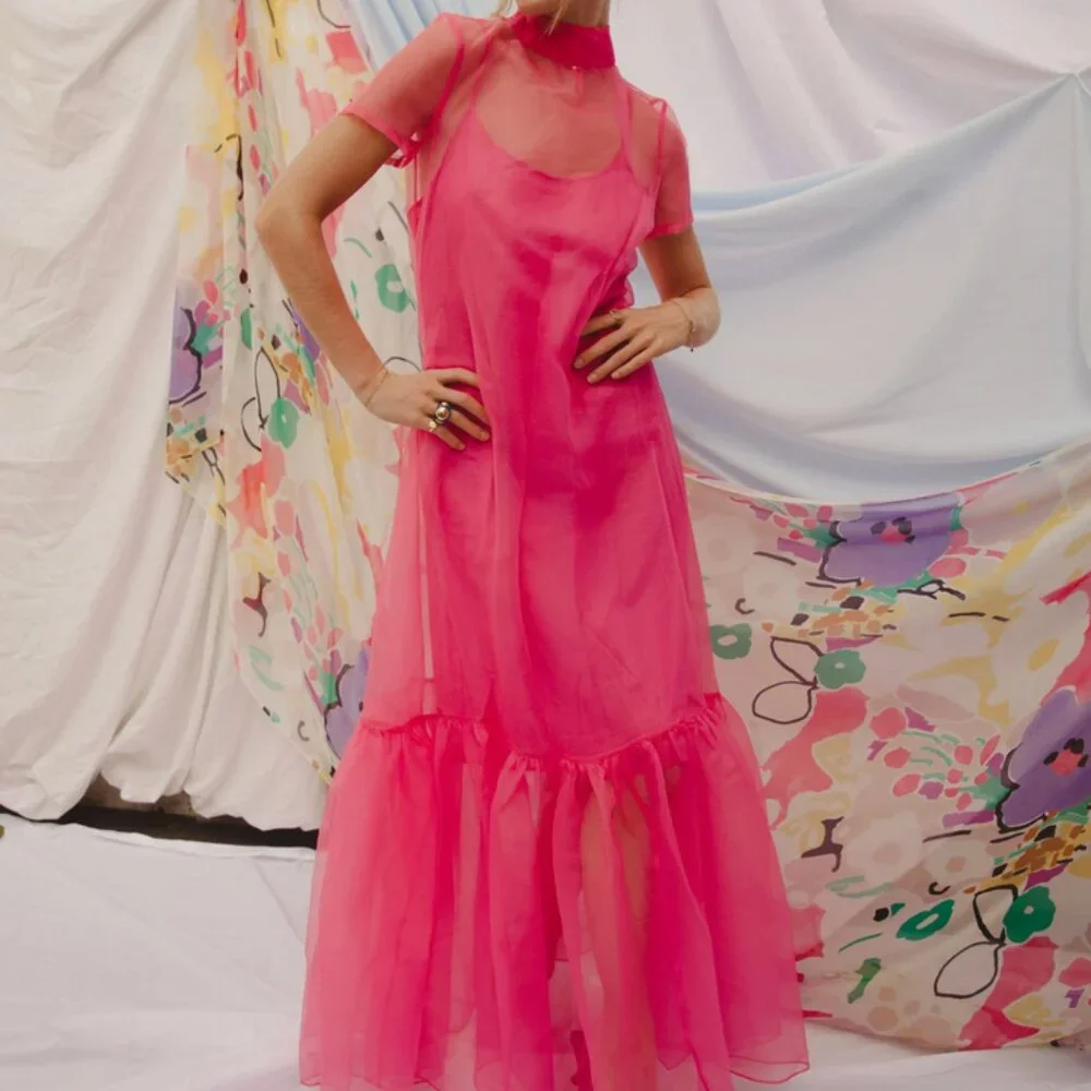 *Cover Only* STAUD Calluna Tiered Tulle Gown Maxi Dress Pink Sheer Bow - Picture 6 of 13